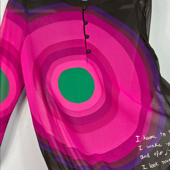 Desigual Sheer Black Pink Green Graphic Popover Long Sleeve Blouse Medium - Picture 6 of 9